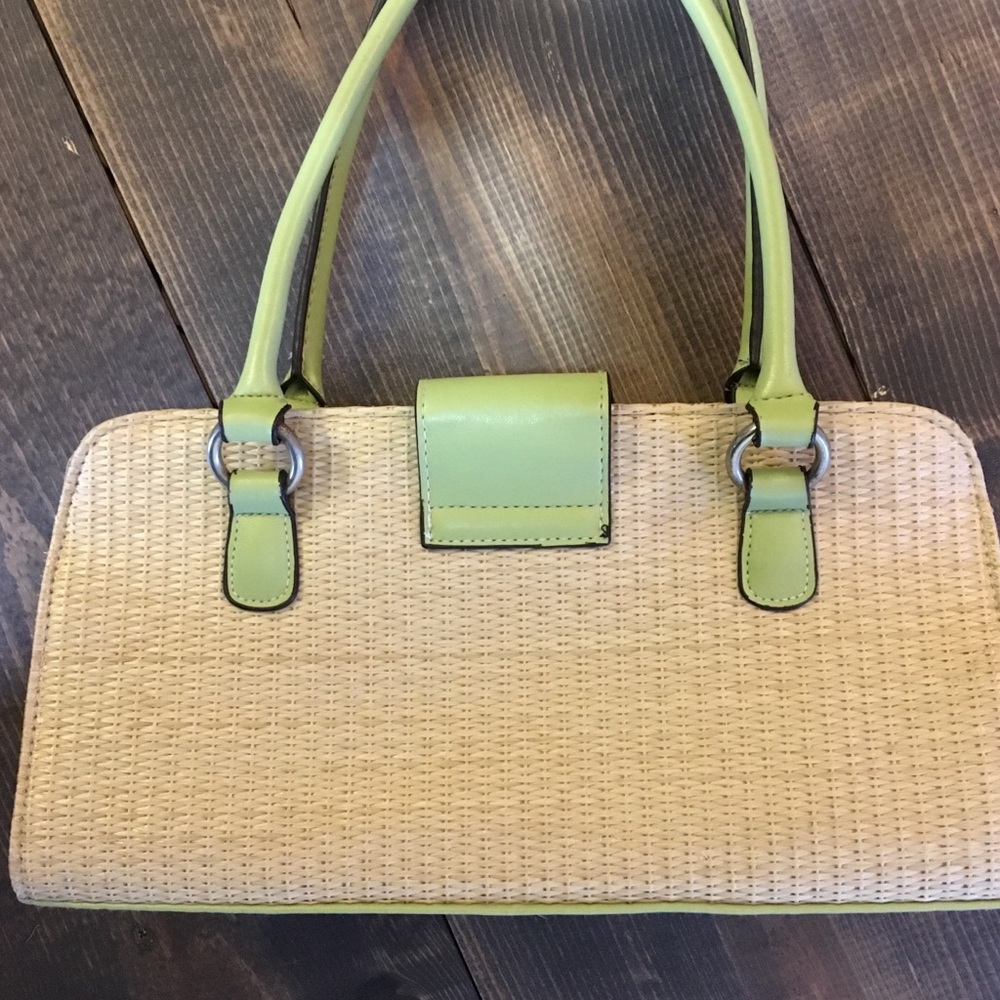 Woven straw look Lime Green & Tan Handbag - Picture 2 of 8
